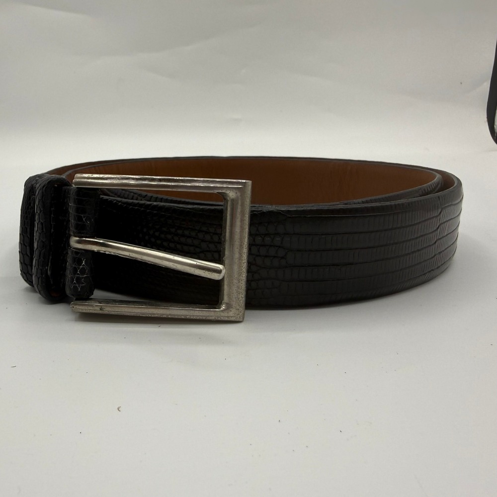 Trafalgar Mens Black Java Lizard Leather Belt Silver Solid Brass Buckle‎ Size 38